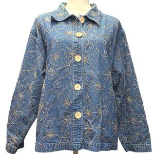 Vintage Style Floral Embroidered Denim Jacket Womens XL Boho Cottagecore